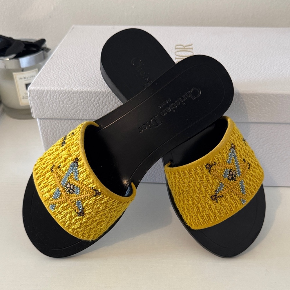 Authentic Christian Dior Slide Sandals Yellow Blue beads embroidered. Sz 35